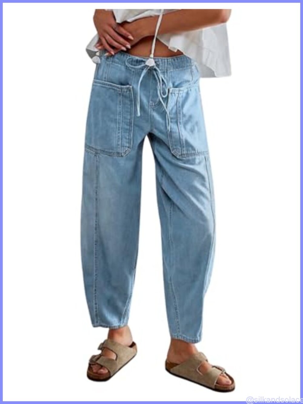 Women's Drawstring Barrel Jeans Baggy Wide Leg Denim Pants Elastic Waist